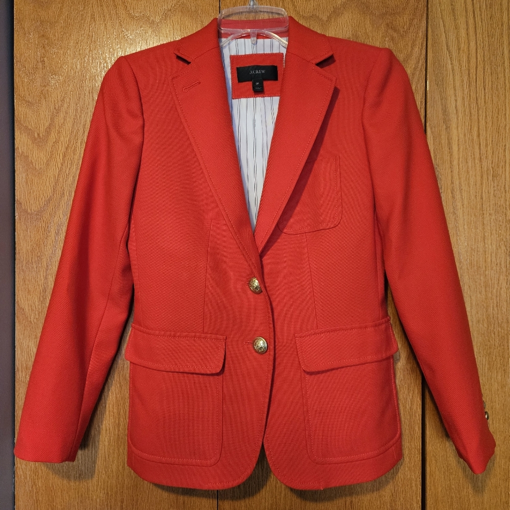 J. Crew red tailored blazer, classic gold buttons